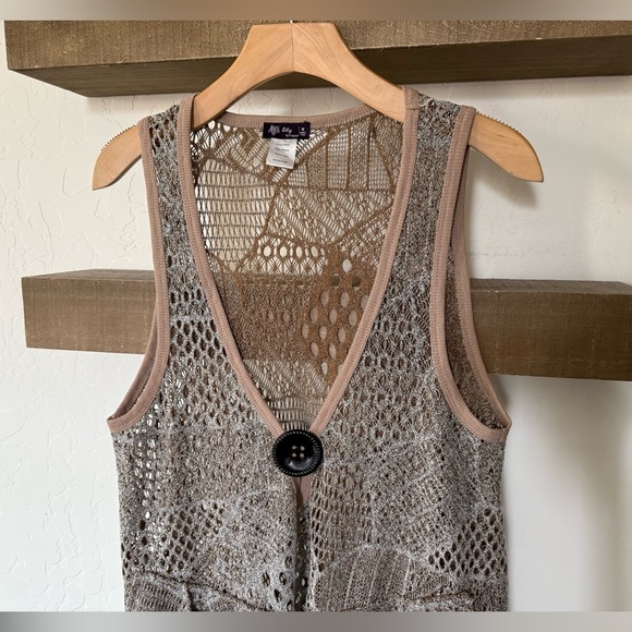 Lily|Tan neutral knit cardigan vest,boho lagenlook style•••asymmetrical artsy - Picture 2 of 8